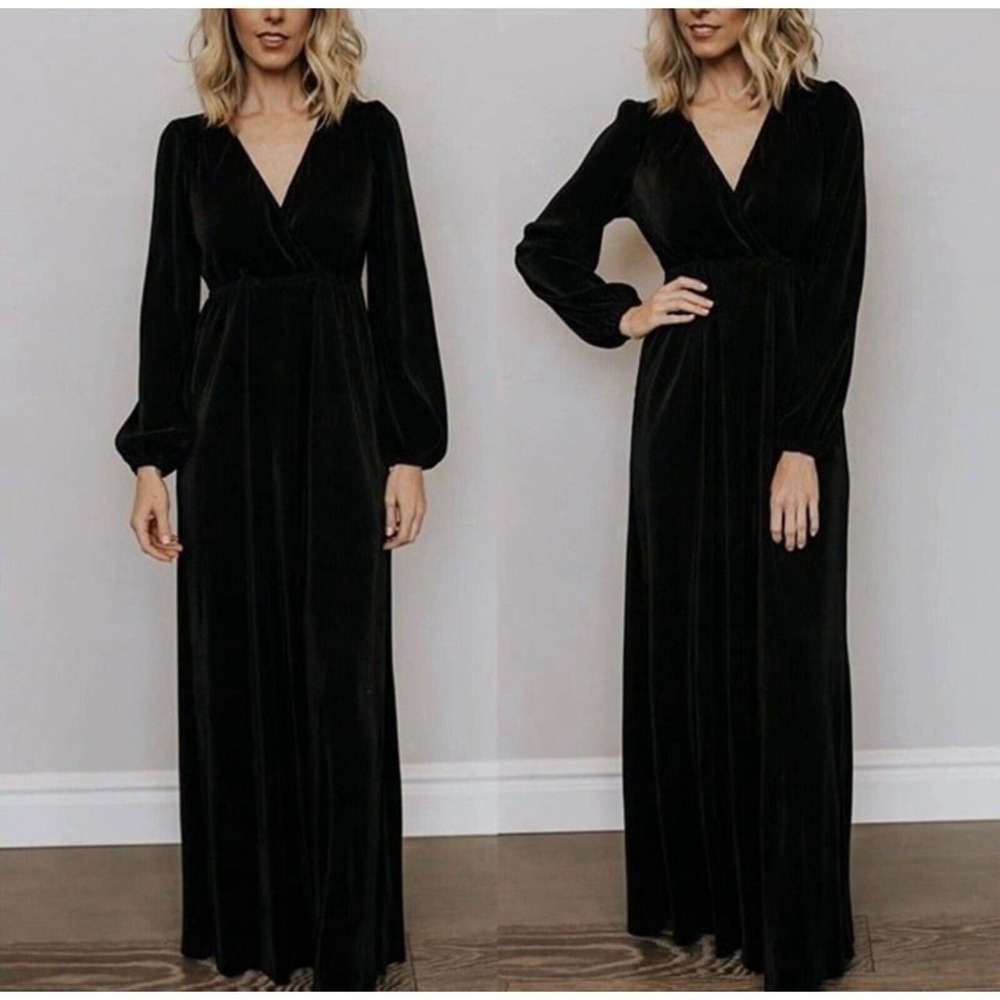 Baltic Born Black Faux Wrap Maxi Dress Sz L - Crushed Velvet Ribbed Holiday Glam - Picture 2 of 12